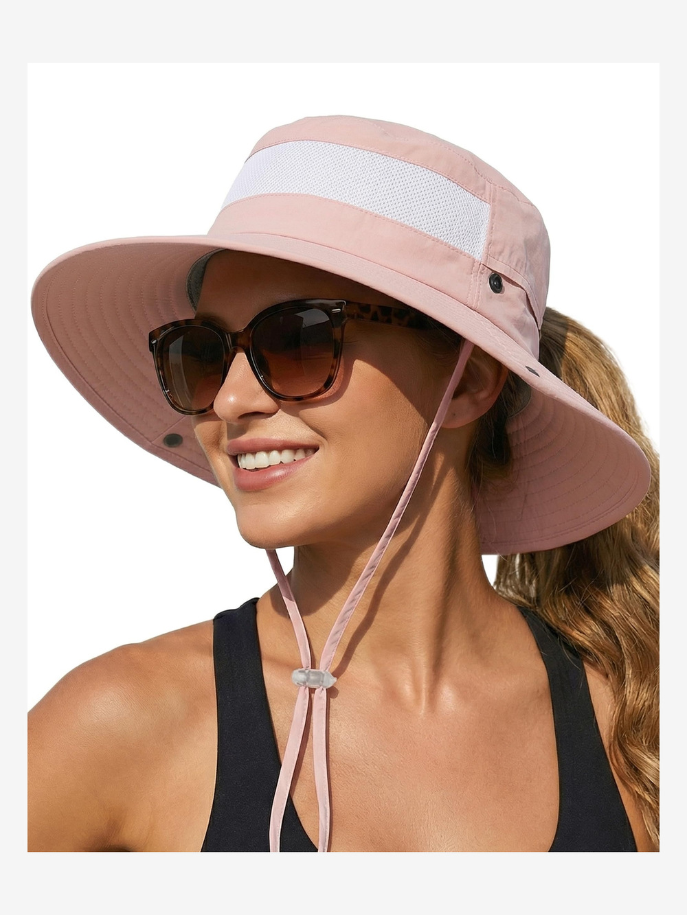 Women's Sun Hat Sun Protection Wide Brim Bucket with Ponytail | Pink | Size OS
